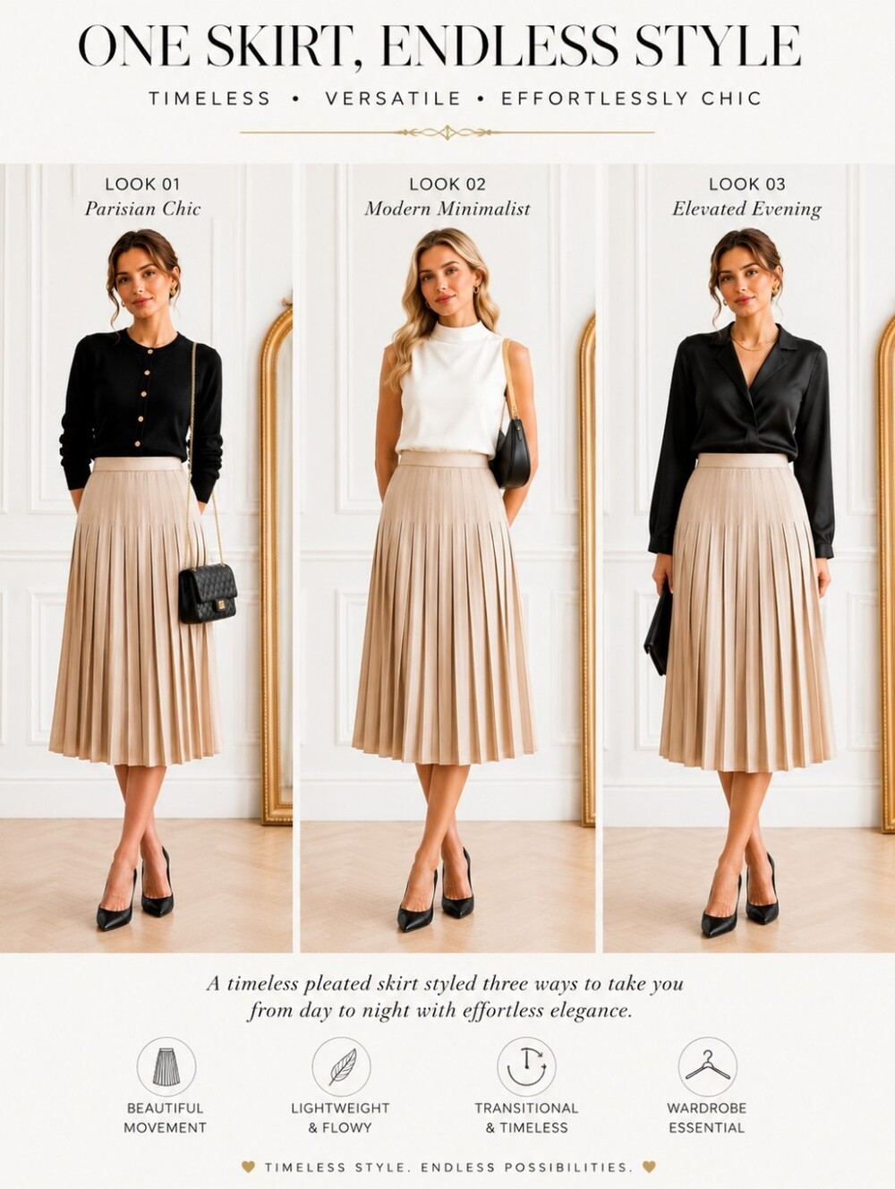 Rachel Zoe | Champagne Pleated Midi Skirt Size Medium | Satin A-Line - Picture 3 of 8